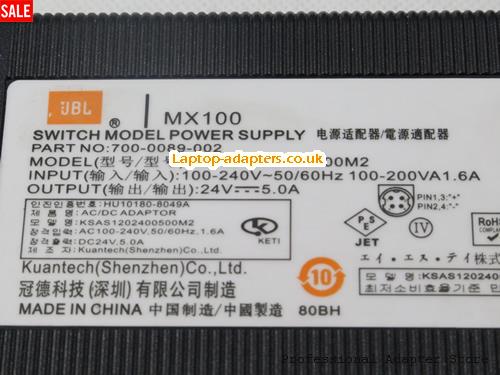  Image 3 for UK Out of stock! JBL Switch Model Power Supply MX100 700-0089-002 KSAS1202400500M2 24V 5A 120W 4 Pin Adapter 