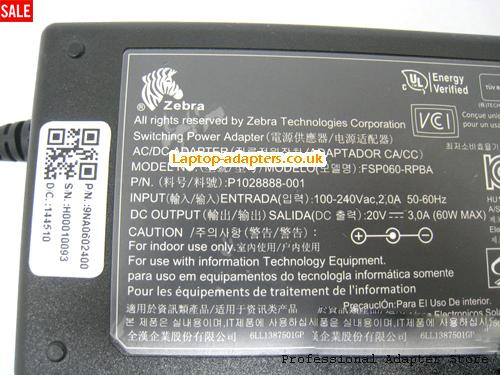  Image 2 for UK £23.51 Genuine 20V 3A FSP060-RPBA AC Adapter for ZEBRA TLP-2844 LABEL BARCODE PRINTER 